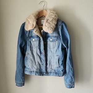 Fashion Nova Blue Denim Jacket with Cream Faux Fur Collar